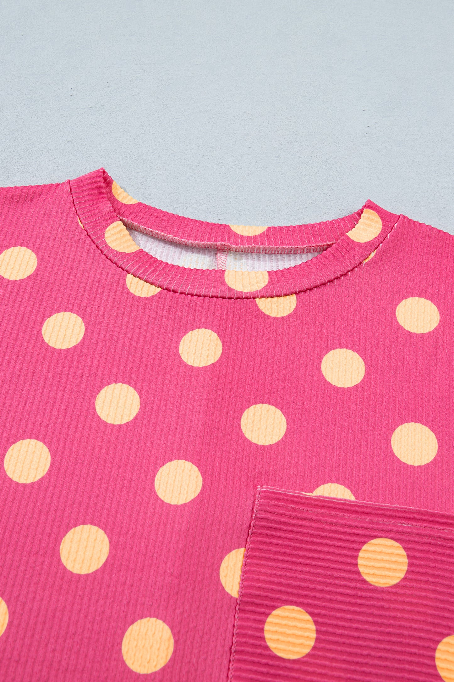 Polka Dot Round Neck Drop Shoulder Patch Pocket Jacquard Texture Top