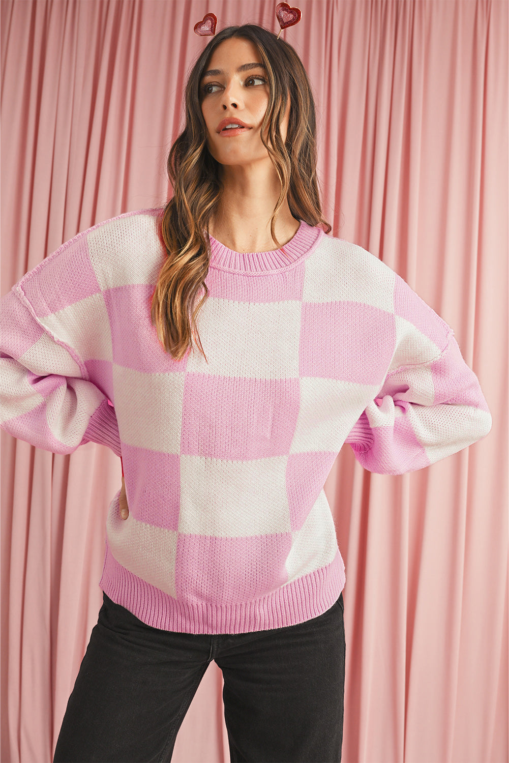 Pink Checked Bishop Sleeve Pullover Sweater