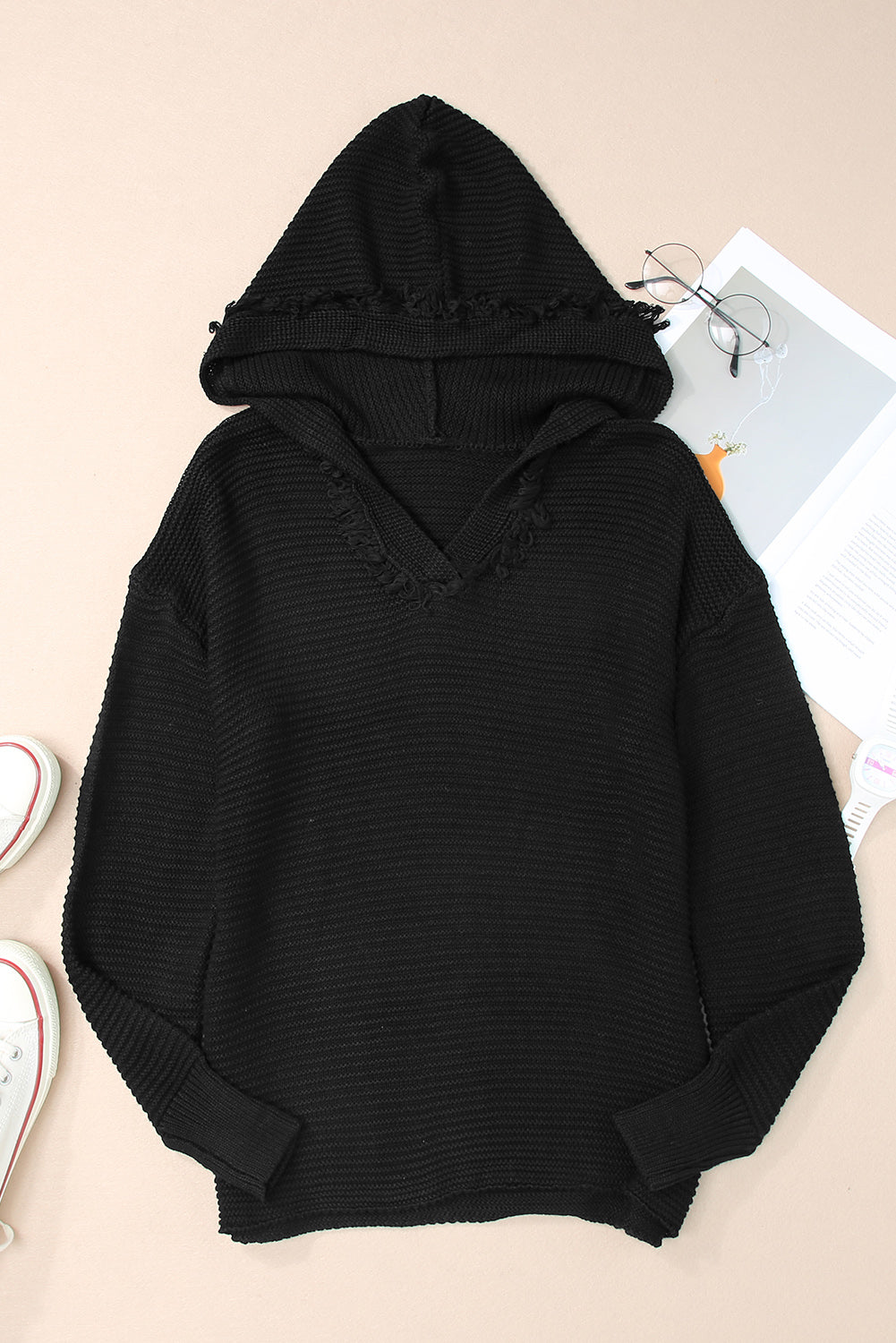 Black Split V Neck Pullover Knit Hooded Sweater