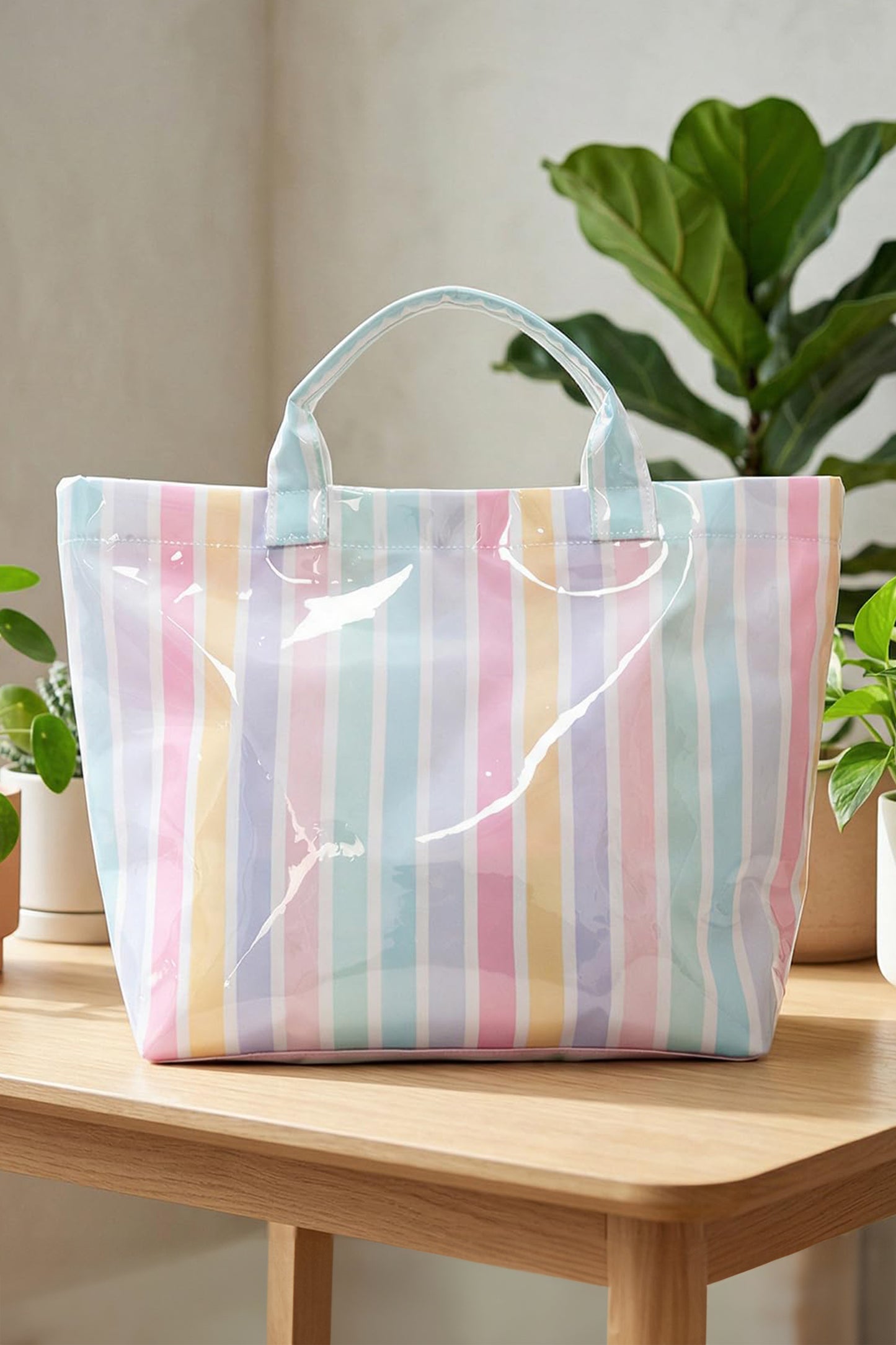 Pink Glossy Striped Vinyl Large Tote Bag