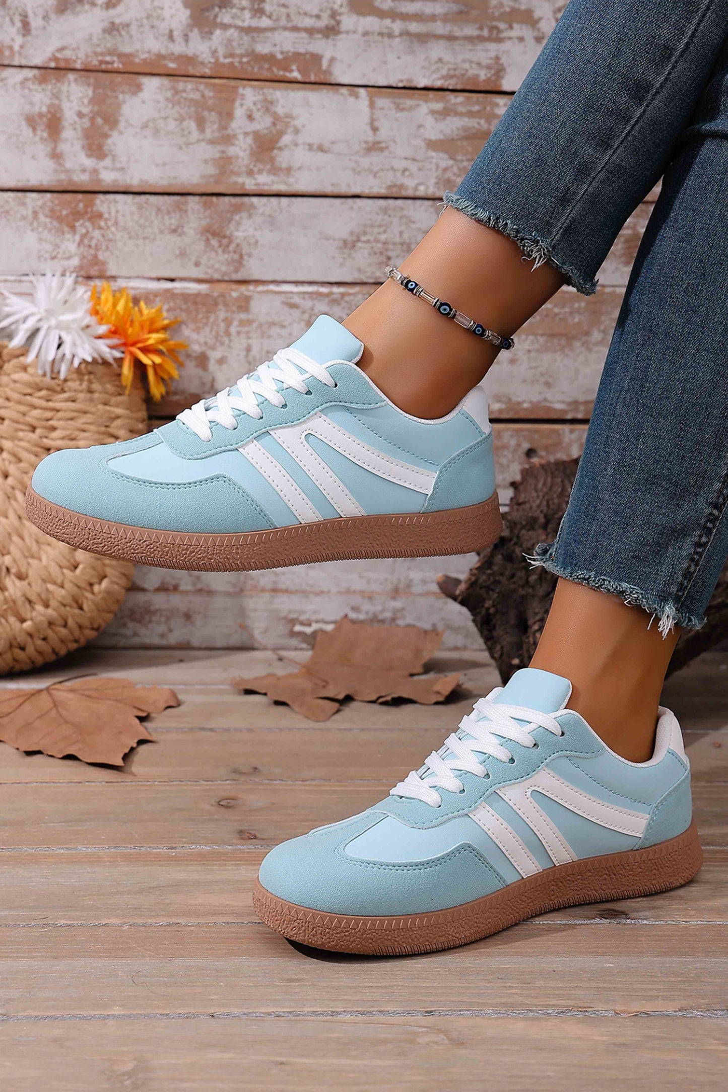 Dusk Blue Faux Suede PU Leather Color Block Patchwork Lace-up Shoes