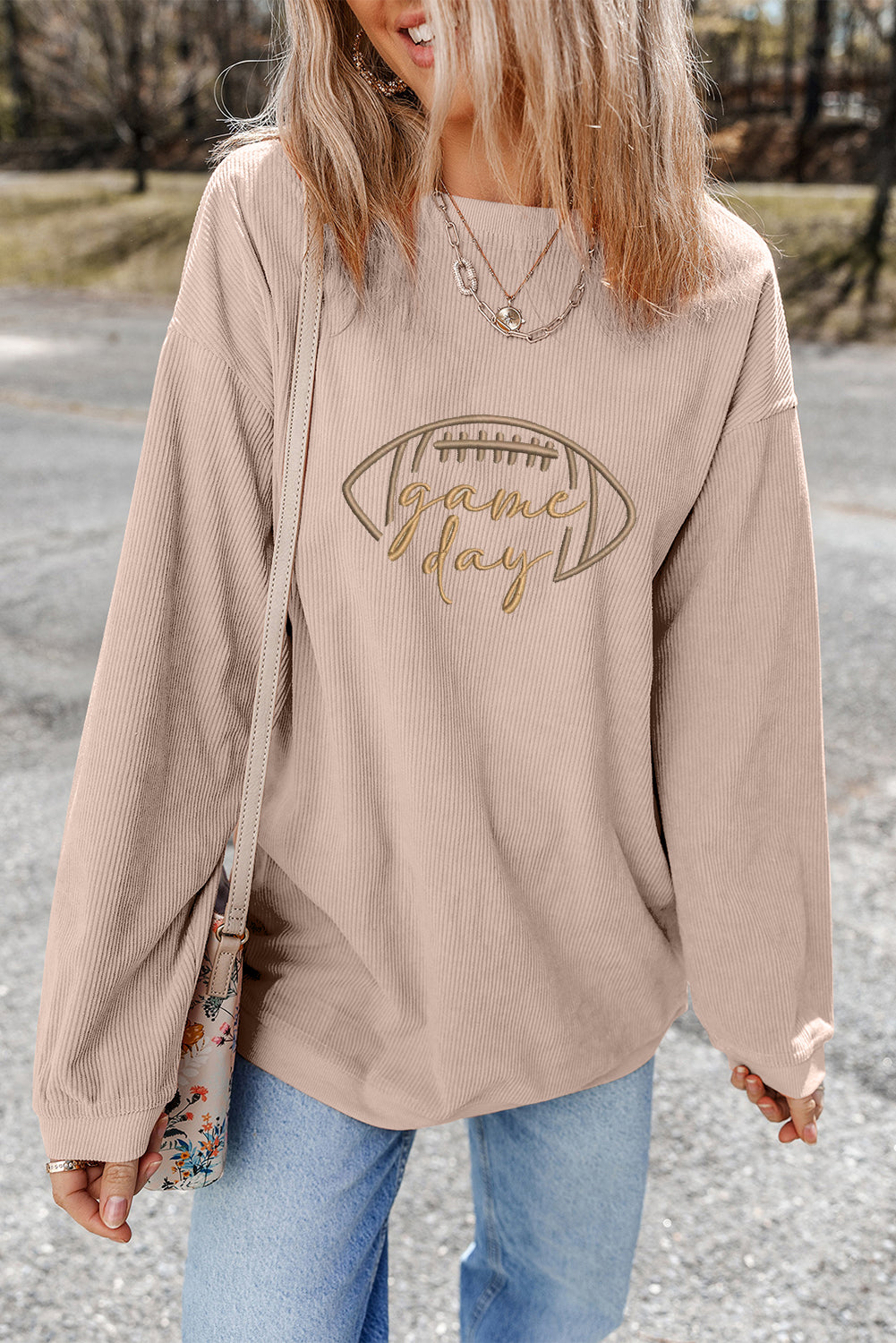 Apricot Football Graphic Drop Shoulder Game Day Corded Sweatshirt