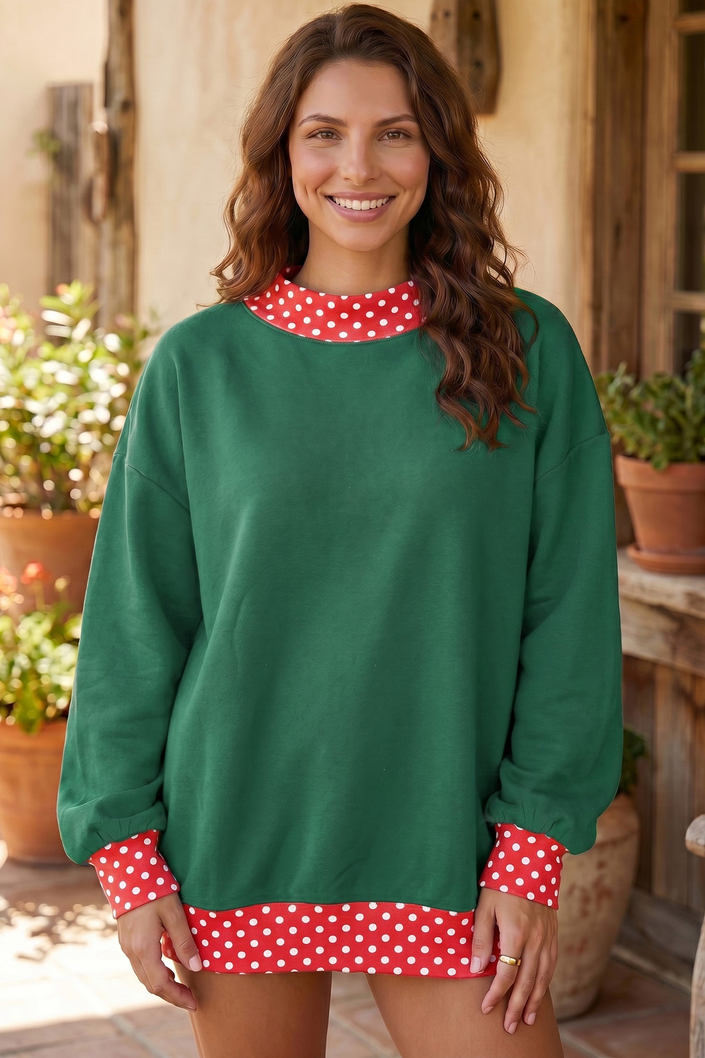 Racing Red Colorblock Polka Dot Contrast Trim Oversized Sweatshirt