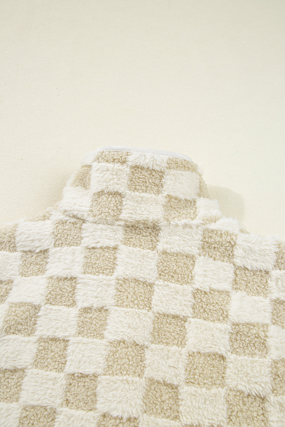 Khaki Sherpa Checkerboard Snap Button Vest Jacket