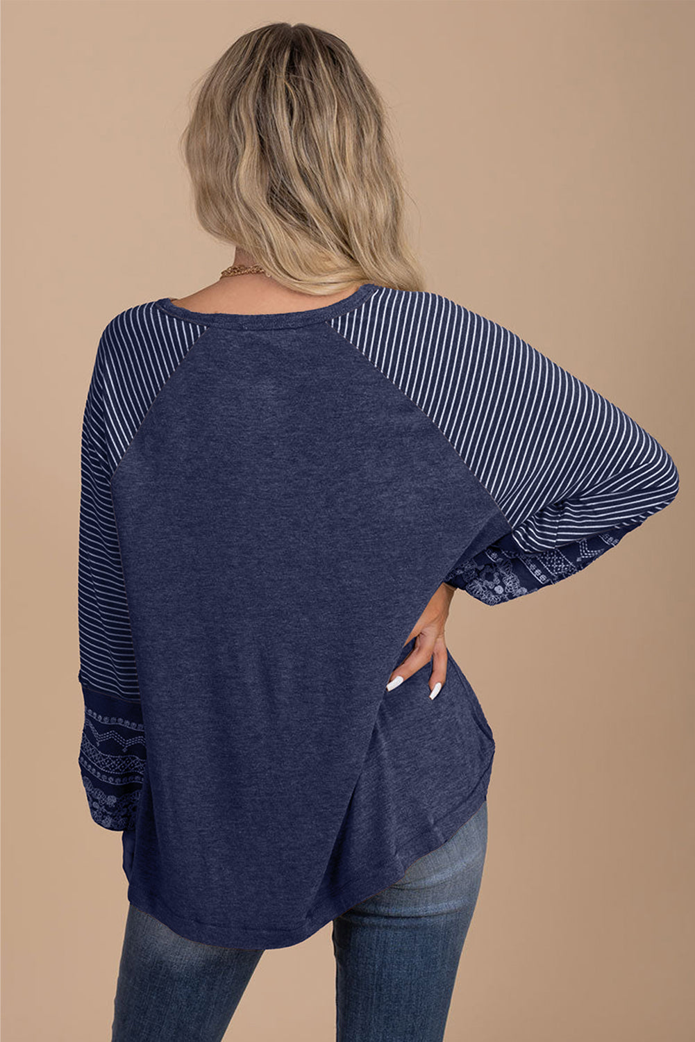 Brown Contrast Print Striped Raglan Long Sleeve Loose Top