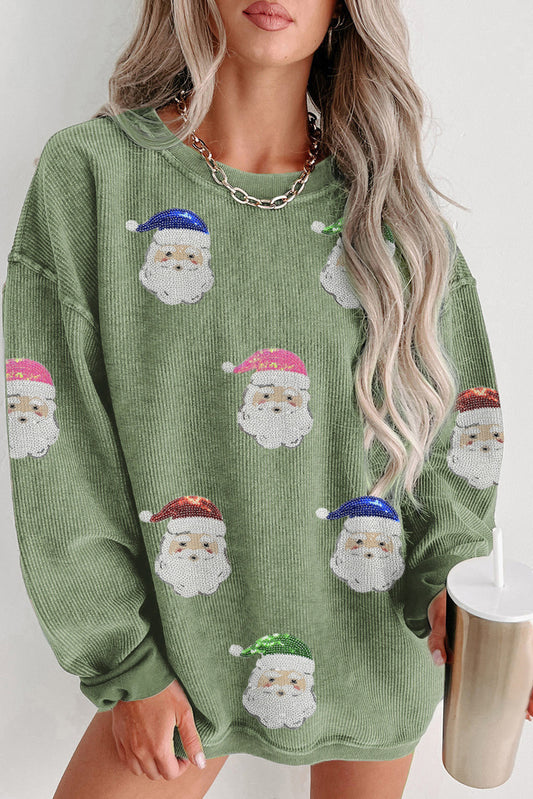 Grass Green Corded Ribbed Santa Claus Graphic Sequins Patch Sweatshirt