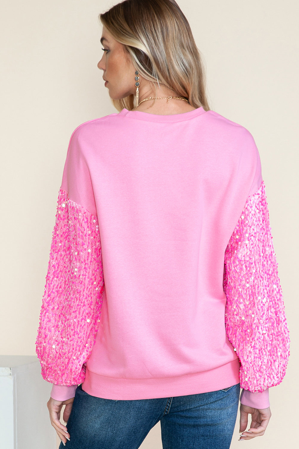 Pink Holly Jolly Letter Sequins Patch Drop Shoulder Patchwork Long Sleeve Top