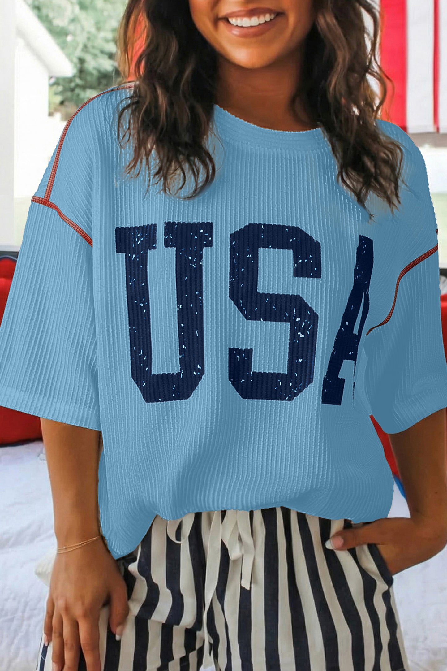 Fiery Red USA Graphic Half Sleeve Loose Ribbed Top