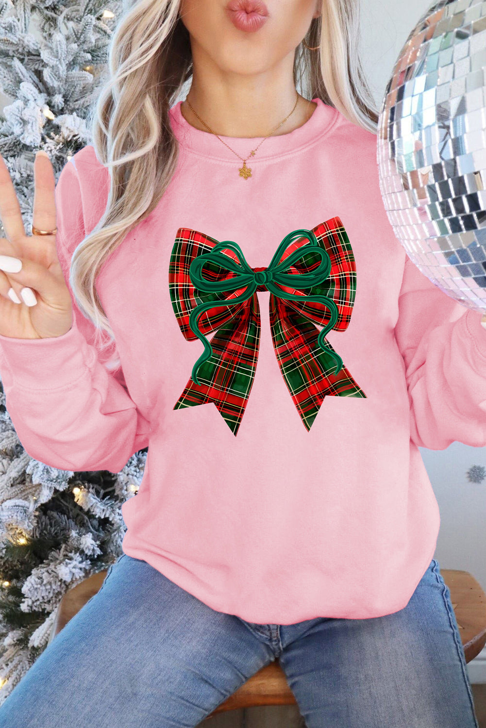 Pink Plaid Bow Heat Transfer Printing Christmas Vibe Sweatshirt