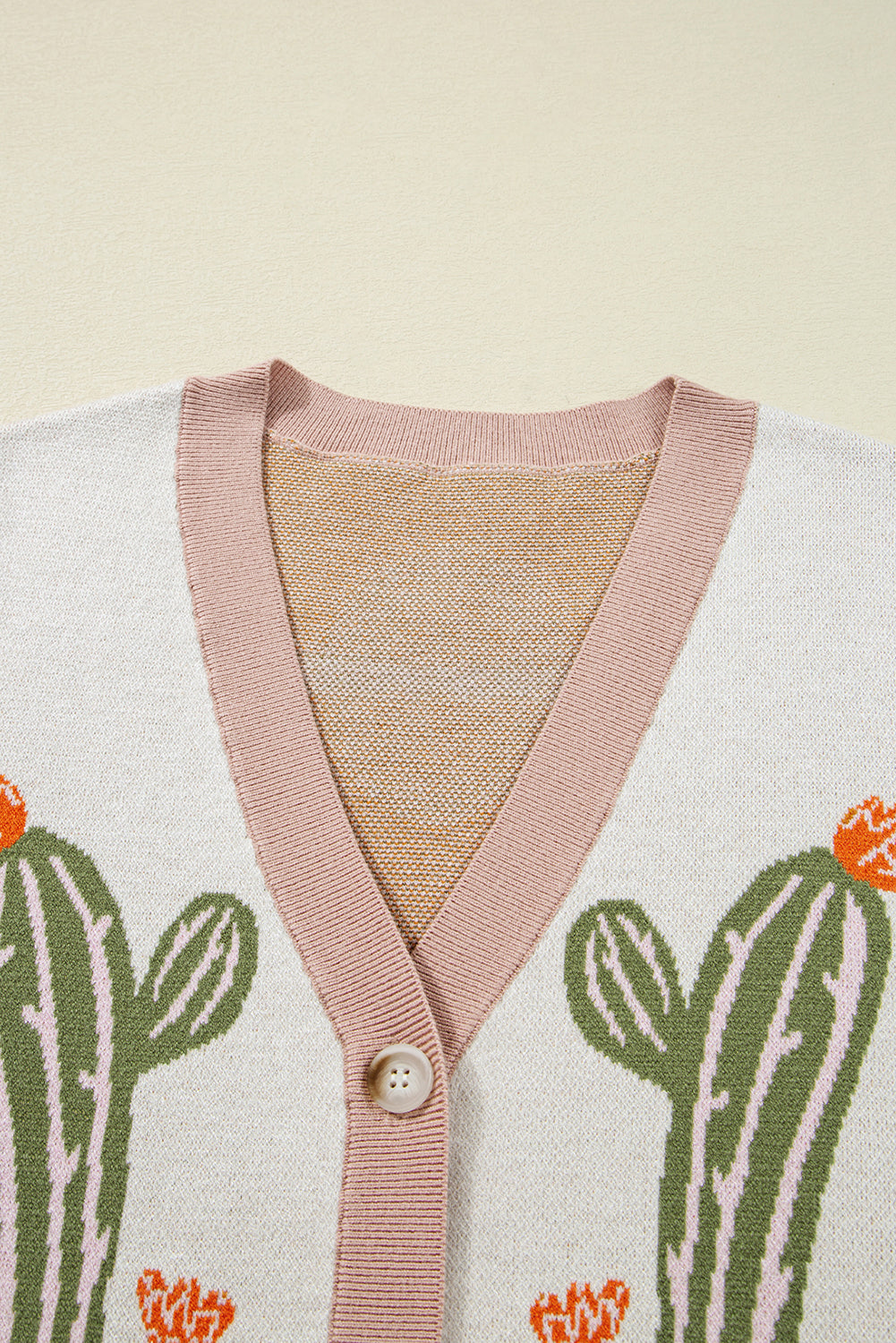 Apricot Cactus Pattern Button Front Knit Cardigan