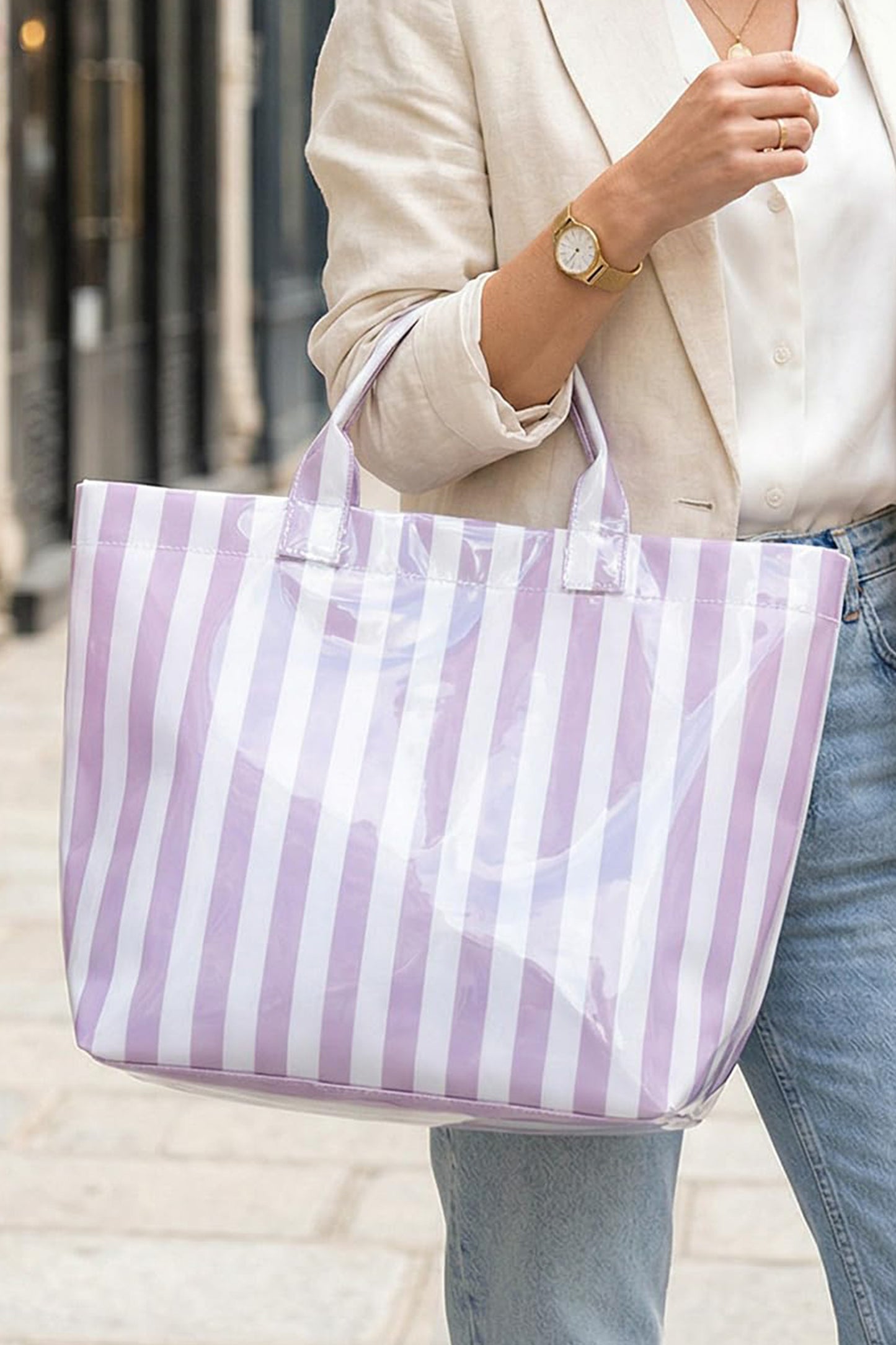 Pink Glossy Striped Vinyl Large Tote Bag
