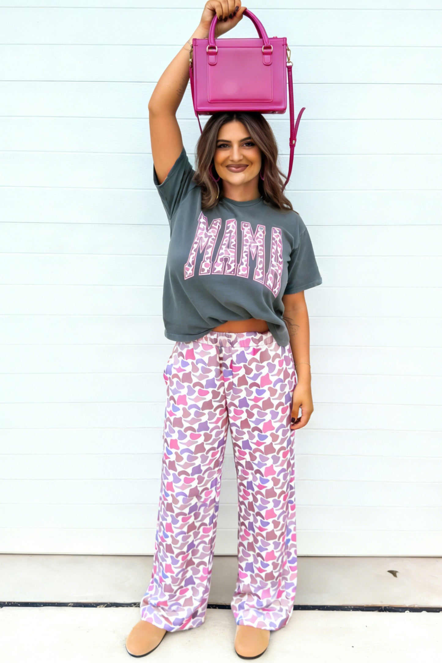 Grey MAMA Letter Graphic Tee Camouflage Print Loose Pant Set