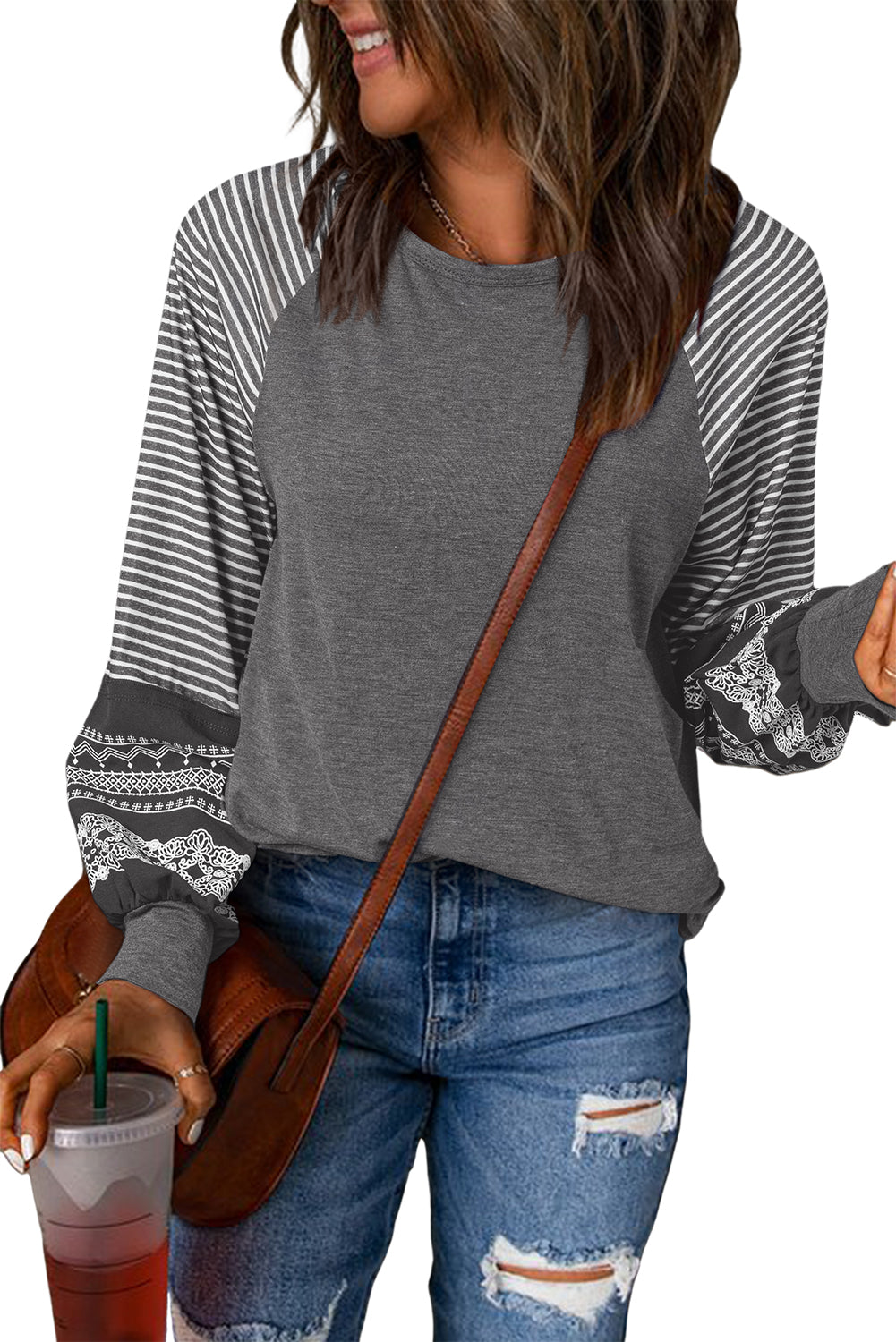 Brown Contrast Print Striped Raglan Long Sleeve Loose Top