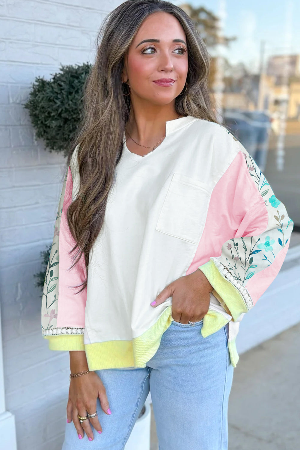 White Floral Colorblock Patchwork Notched Neck Long Sleeve Top
