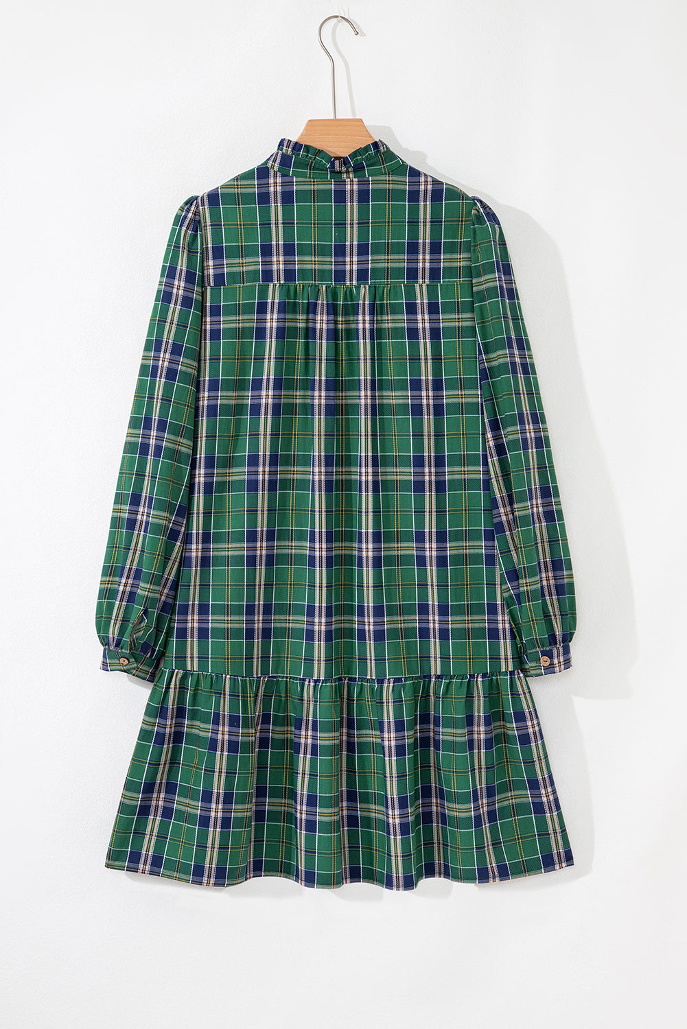 Green Plaid Print Frill Neck Long Sleeve Mini Dress