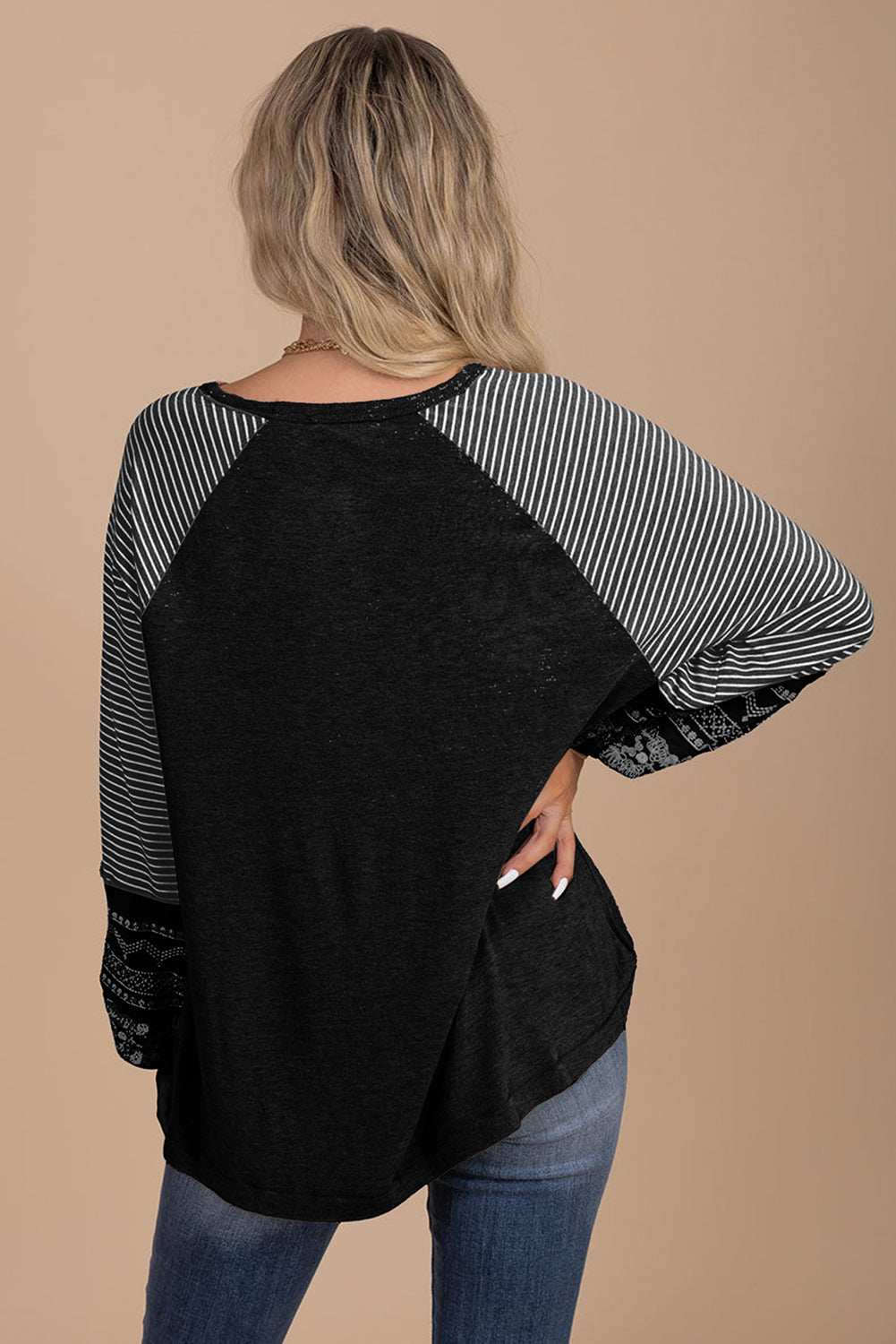 Brown Contrast Print Striped Raglan Long Sleeve Loose Top
