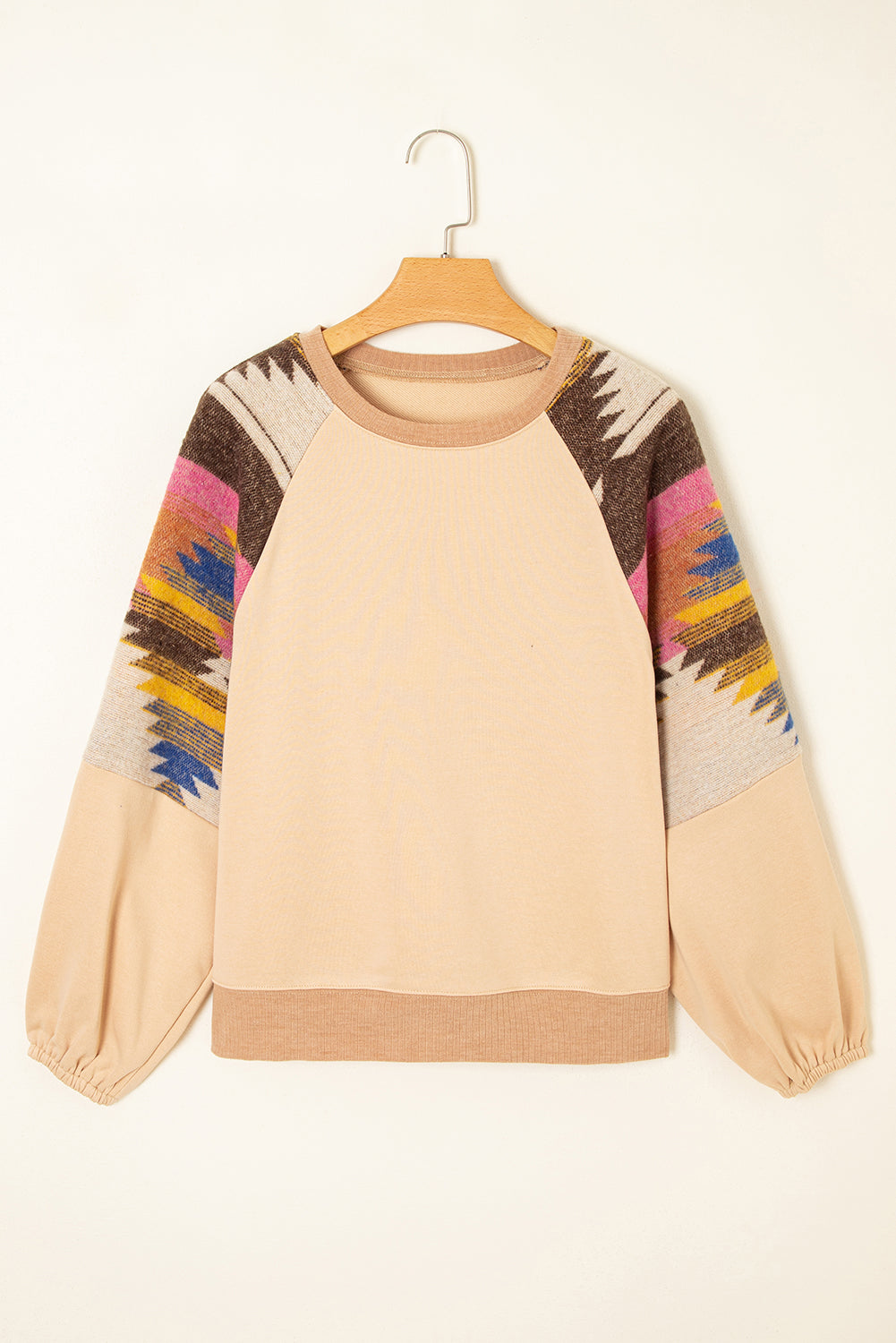 Light French Beige Geometric Patchwork Raglan Sleeve Pullover Sweatshirt