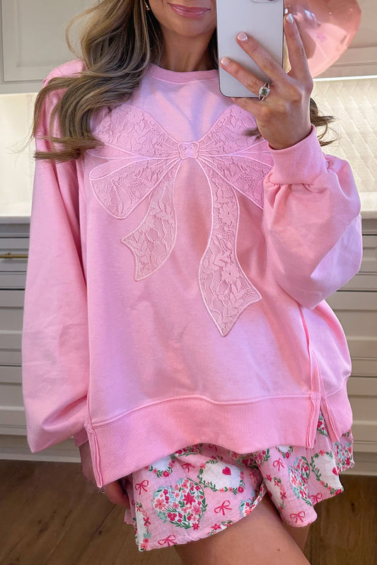 Bonbon Lace Bow Embroidered Exposed Seam Sweatshirt