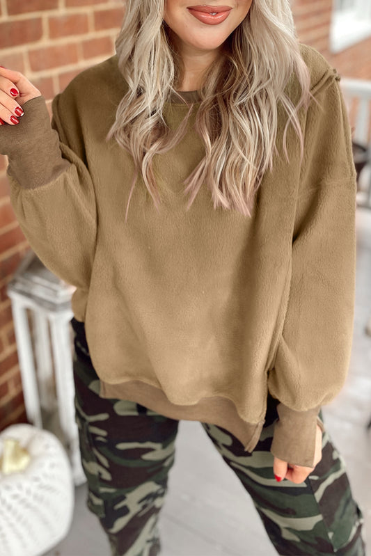 Dark Khaki Fuzzy Sherpa Splicing Pullover Sweatshirt