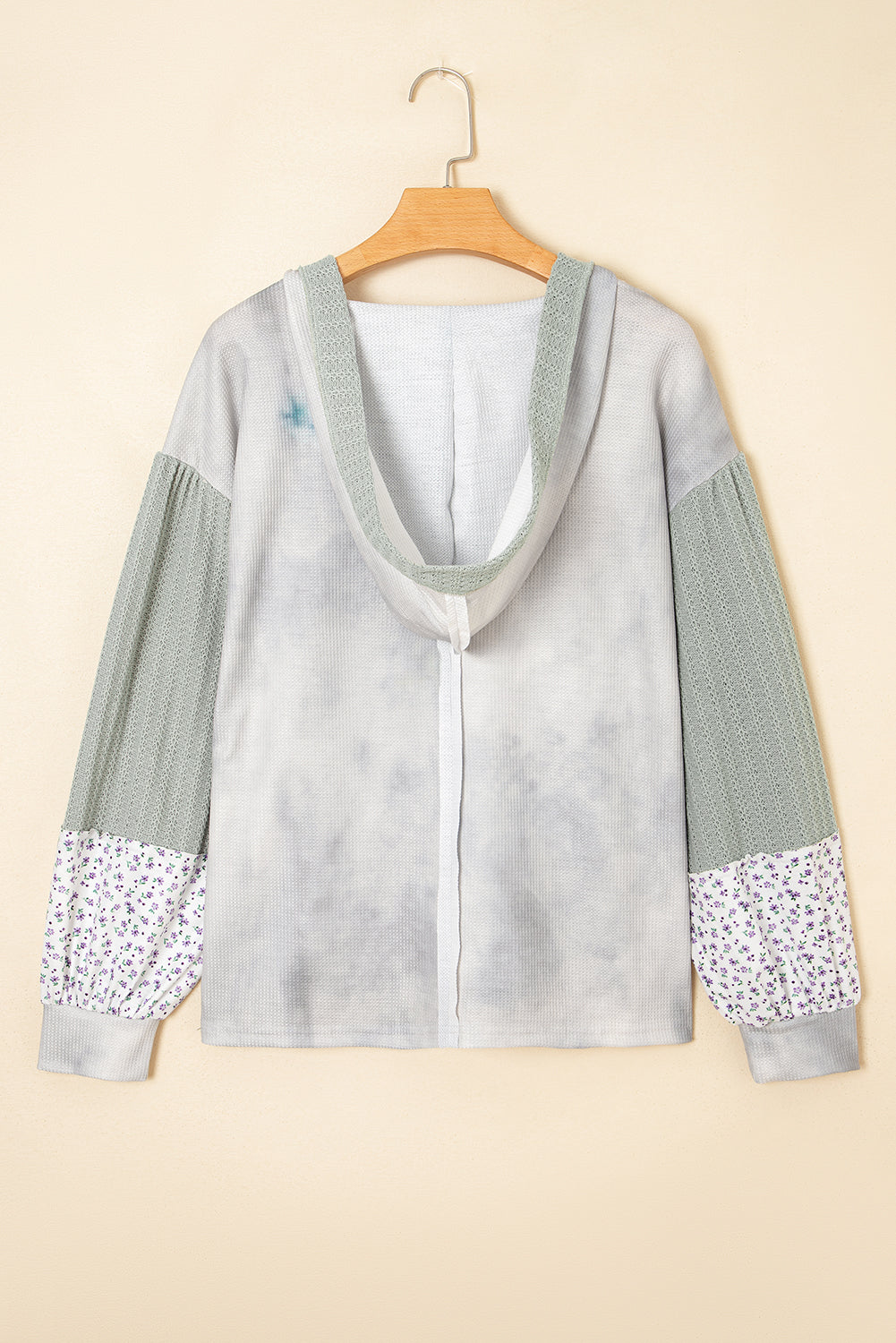 Green Floral Textured Colorblock Patchwork Lantern Sleeve Hooded Top