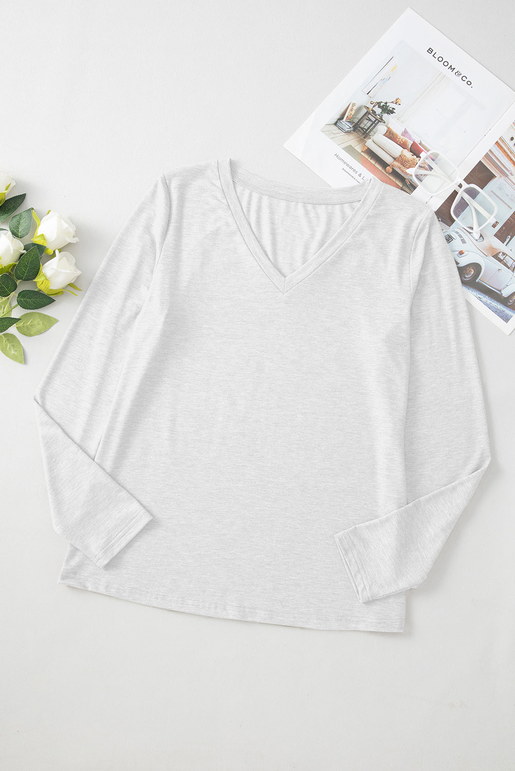 White Plain V Neck Long Sleeve Top