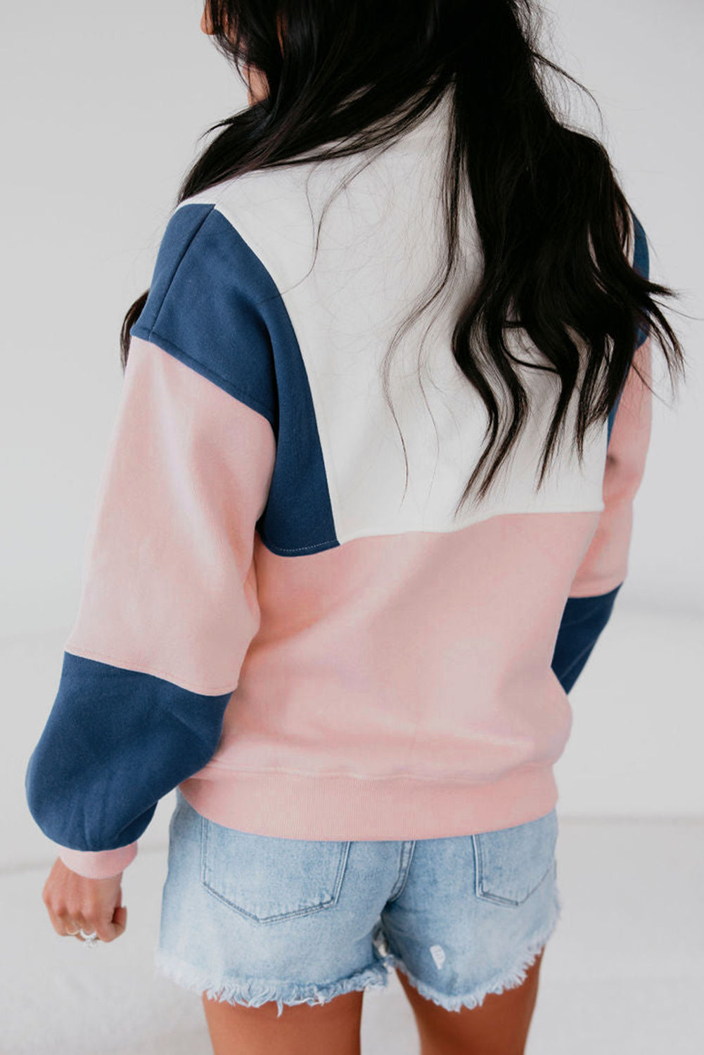 Pink Colorblock Patchwork Half Button Baggy Sweatshirt