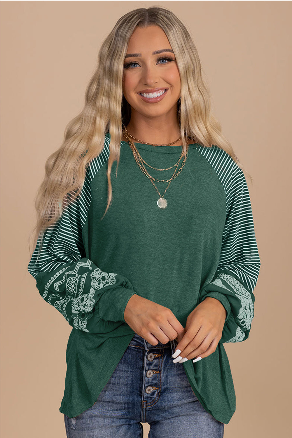 Brown Contrast Print Striped Raglan Long Sleeve Loose Top