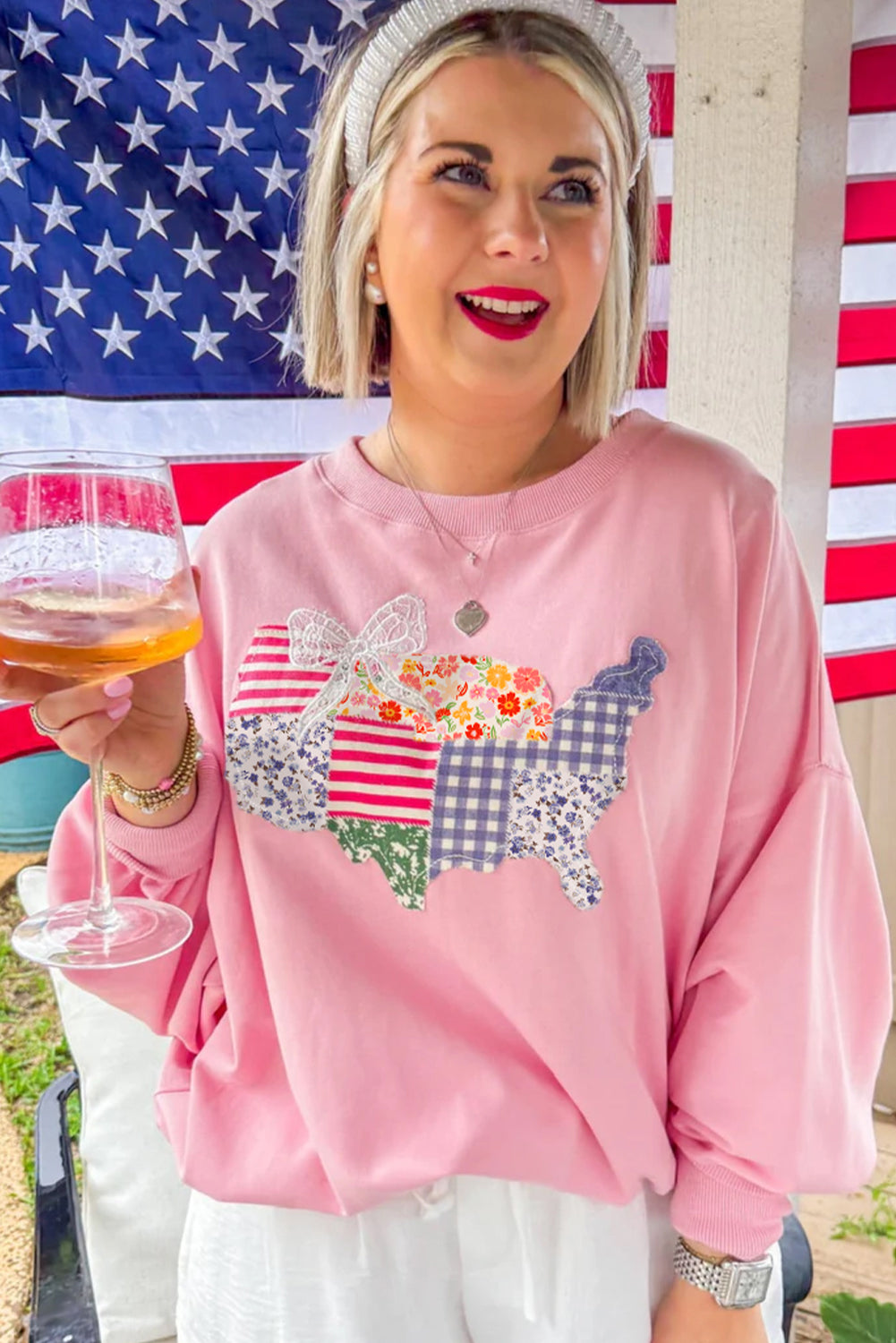 Pink Floral USA Map Patched Graphic Patriotic Sweatshirt