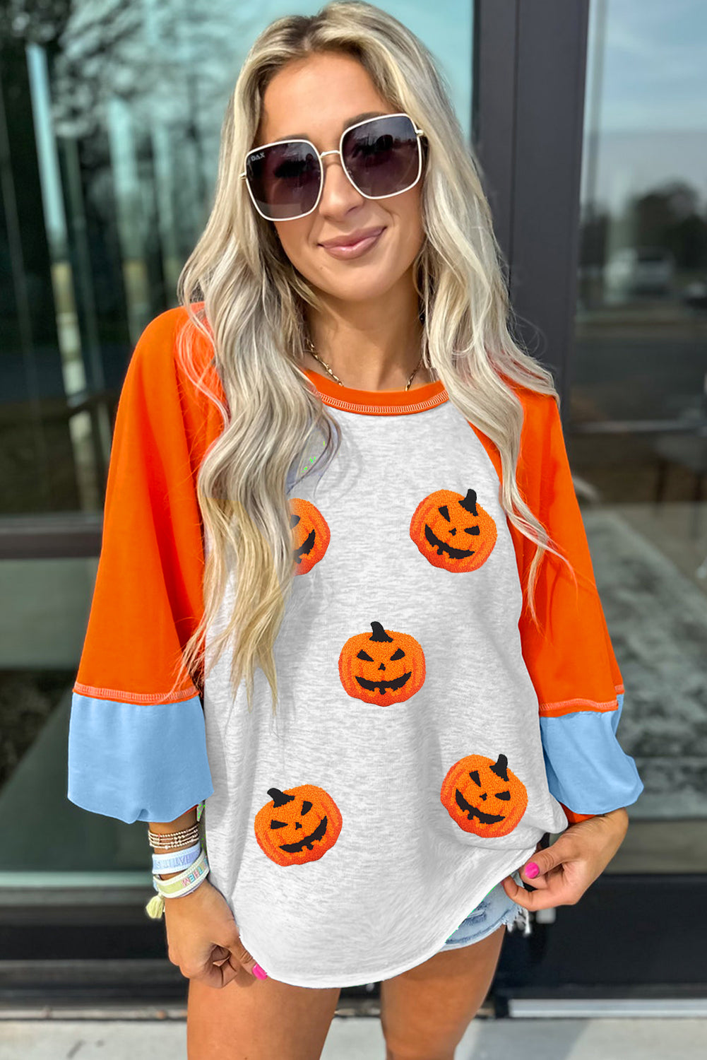 Light Grey Chenille Halloween Pumpkin Patched Patchwork Long Sleeve Top