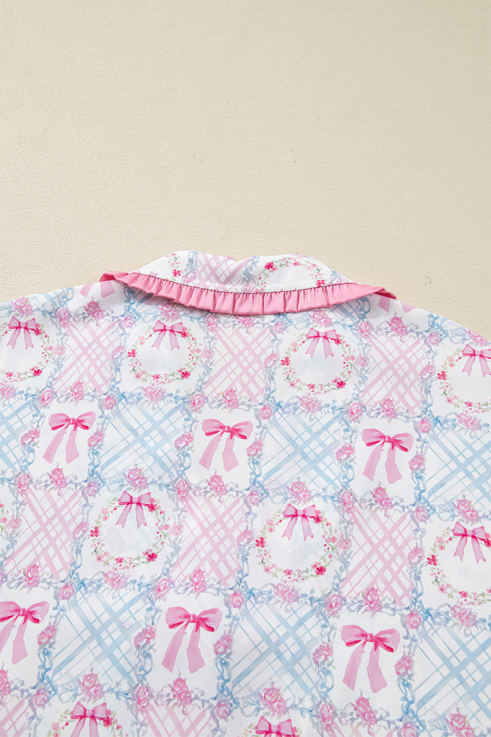 Pink Bow Wreath Pattern Christmas Holiday Bow Tie Front Pajama Set