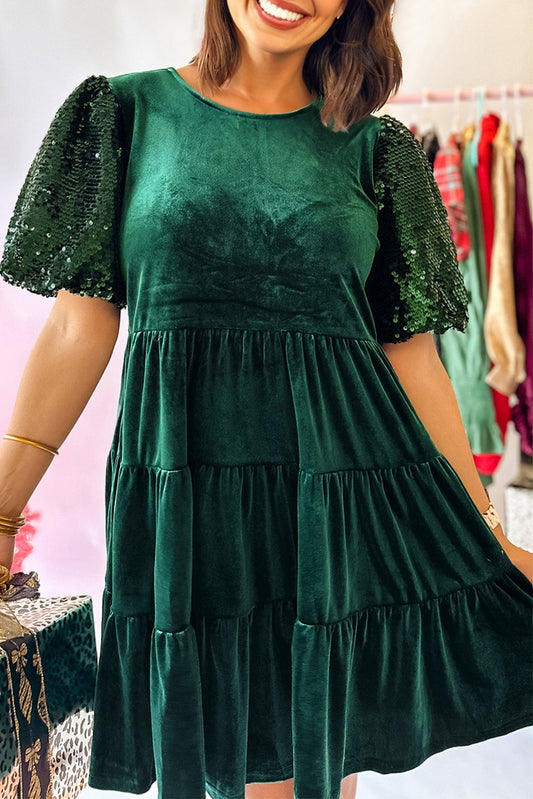 Evergreen Sequin Puff Sleeve High Waist Tiered Velvet Mini Dress