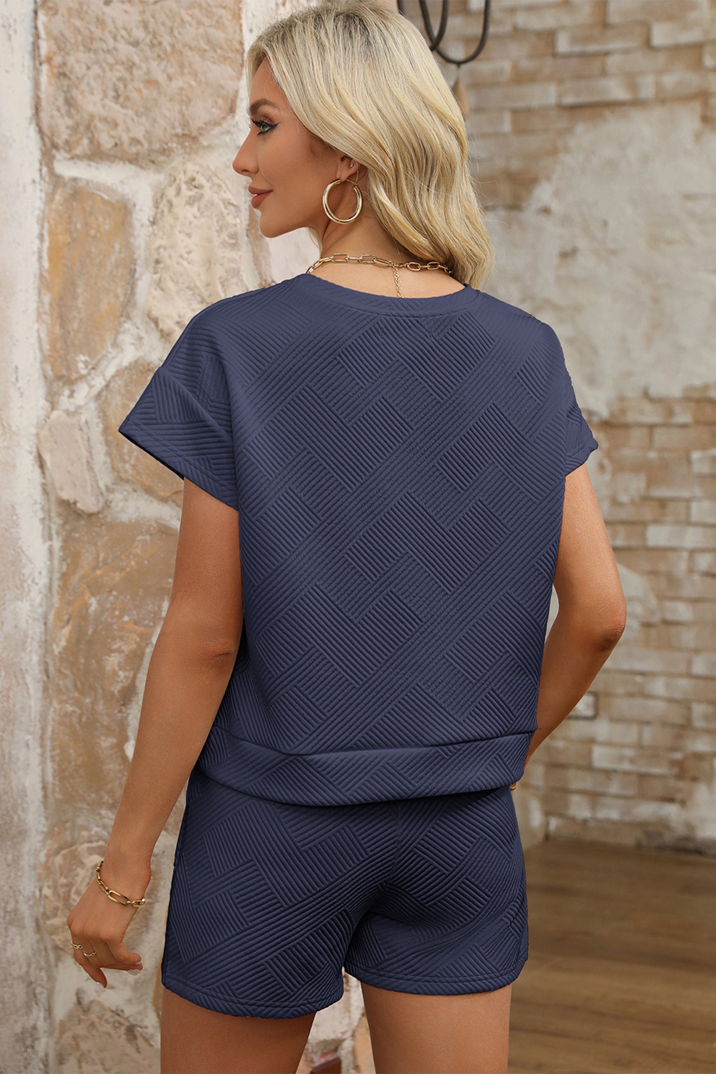 Navy Blue Stylish Textured Game Day Embroidered Two Piece Shorts Set