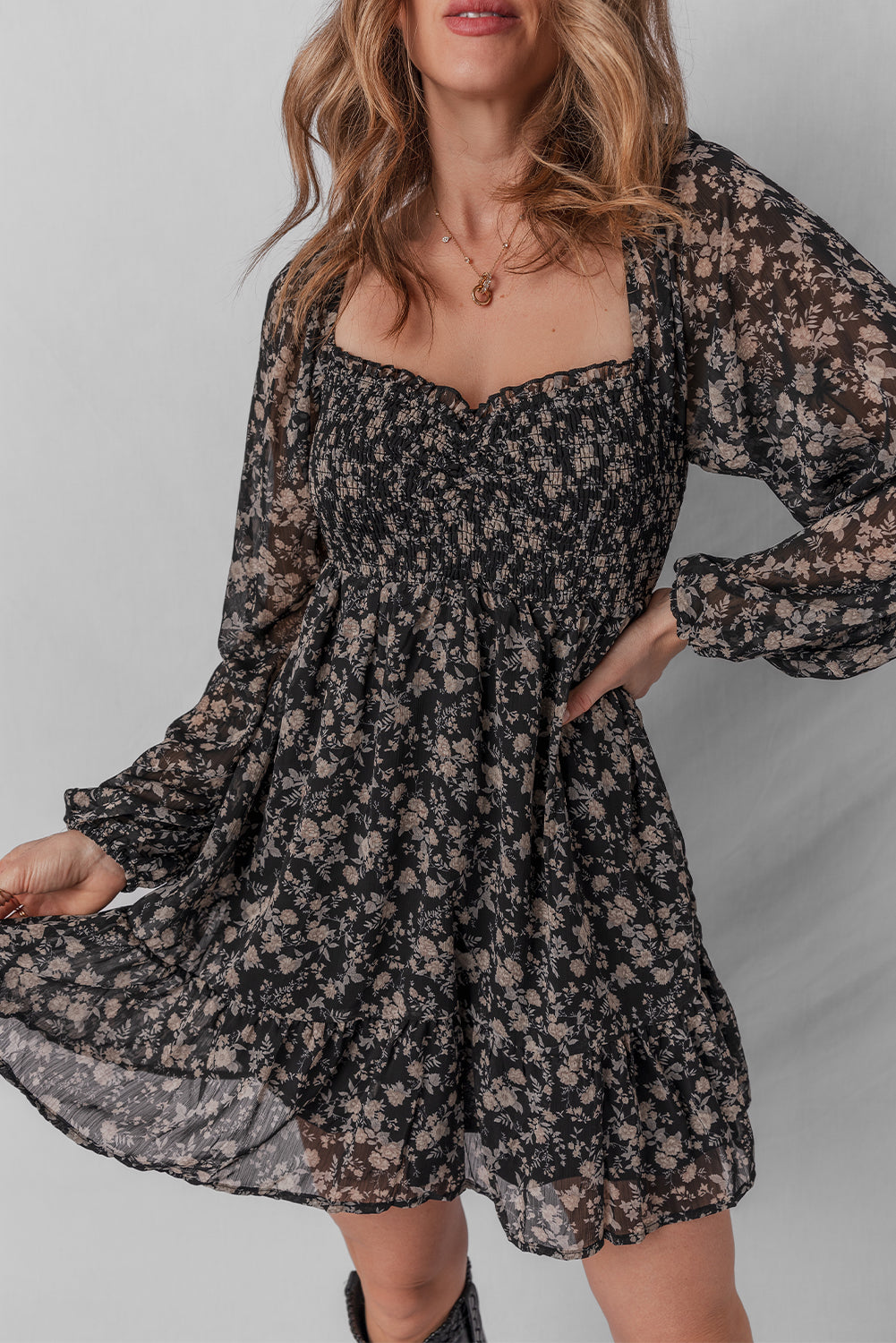 Black Floral Long Sleeve Frilly Shirred Square Neck Mini Dress