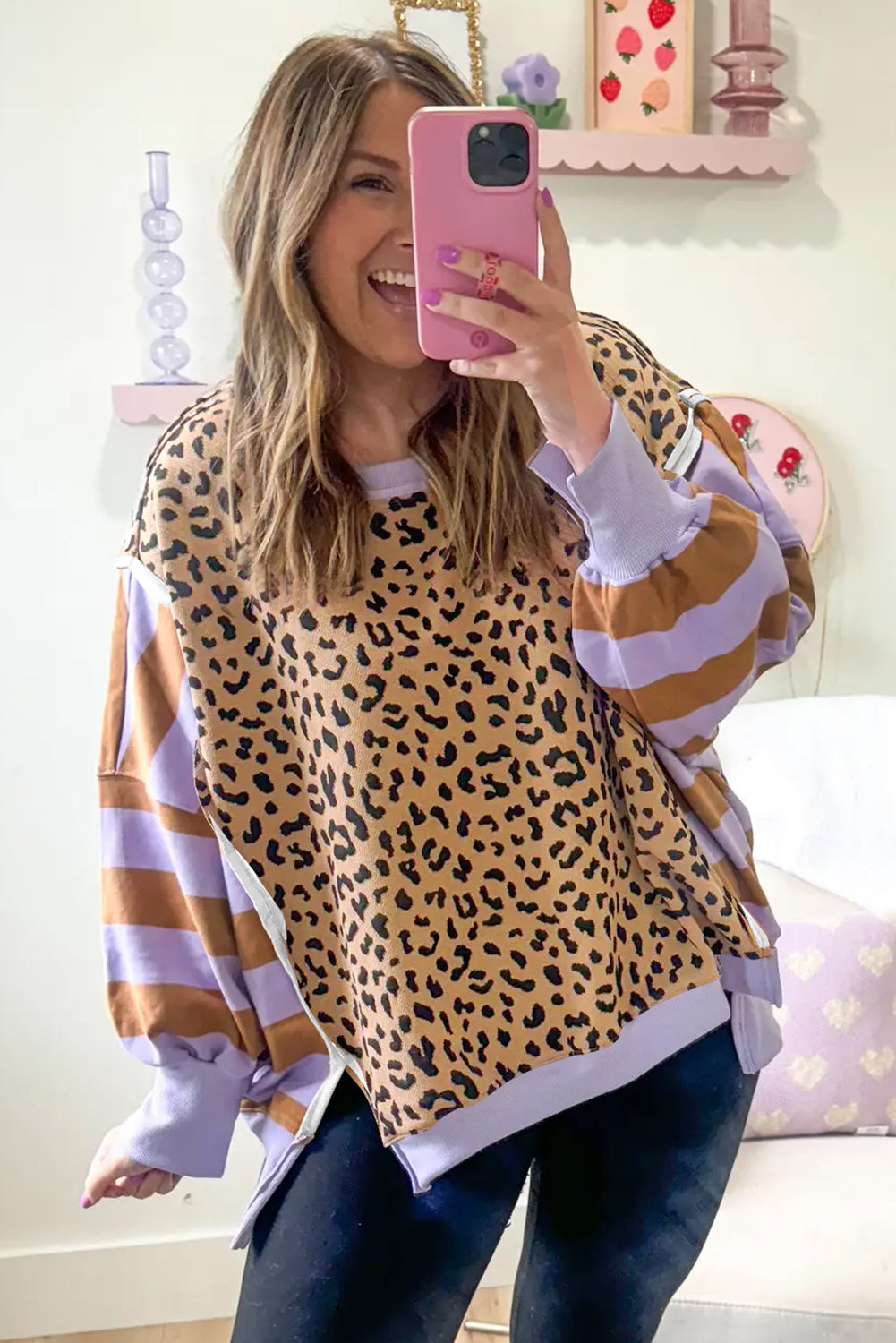 Purple Striped Leopard Colorblock Side Slits Sweatshirt