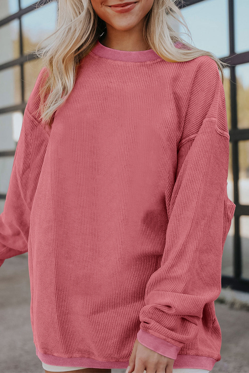 Light Pink Plain Drop Sleeve Crinkle Rib Oversized Sweatshirt