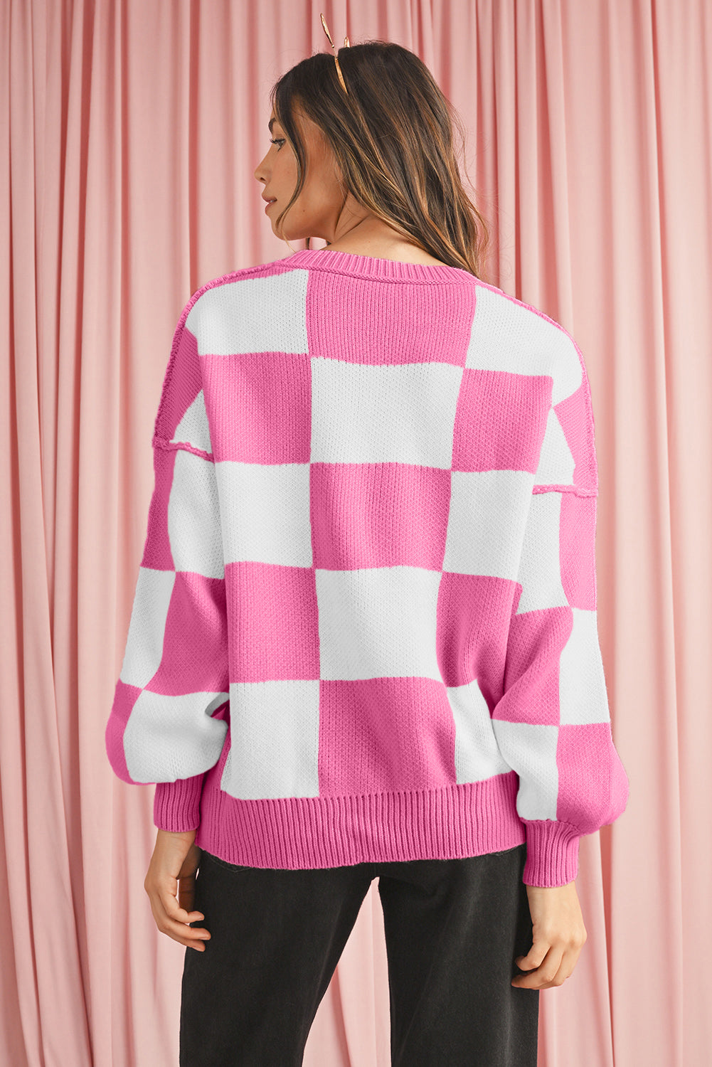 Pink Checked Bishop Sleeve Pullover Sweater