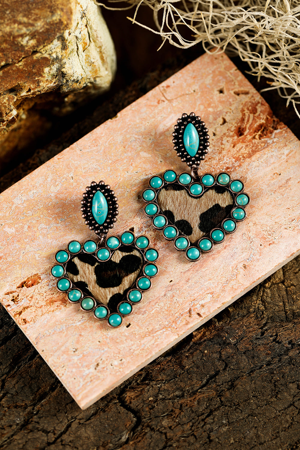 Turquoise Leopard Print Heart Shape Dangle Earrings