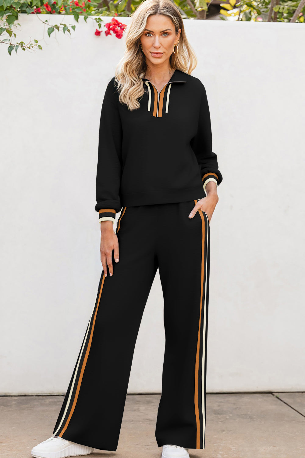 Apricot Striped Patchwork Quarter Zip Pullover Loose Pants Set