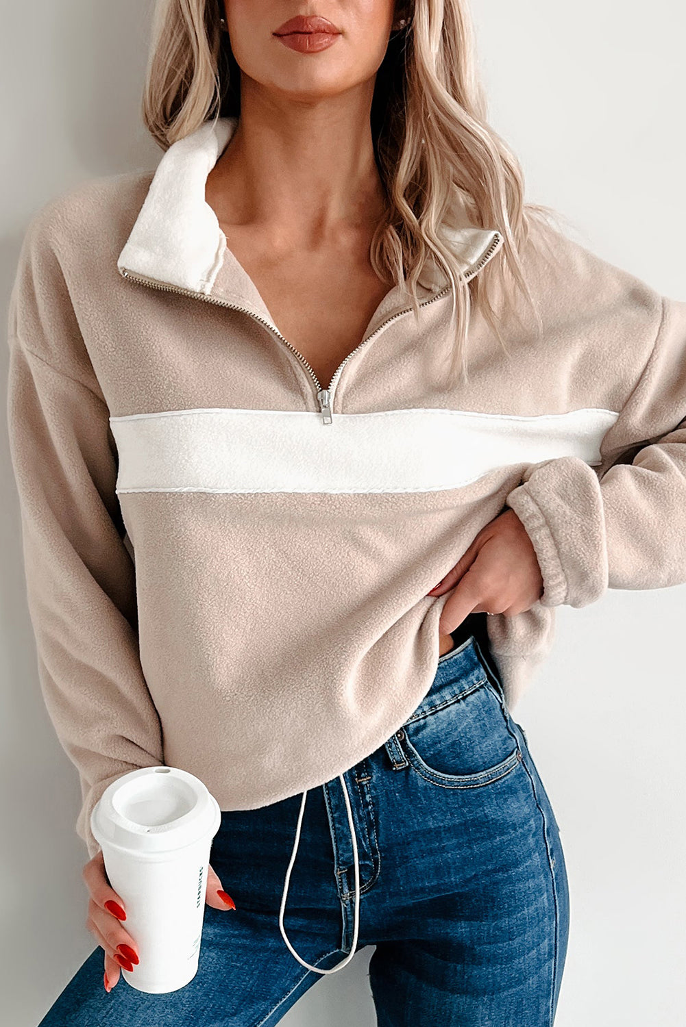 Parchment Fleece Colorblock Patchwork Zipped Collar Pullover Sweatshirt