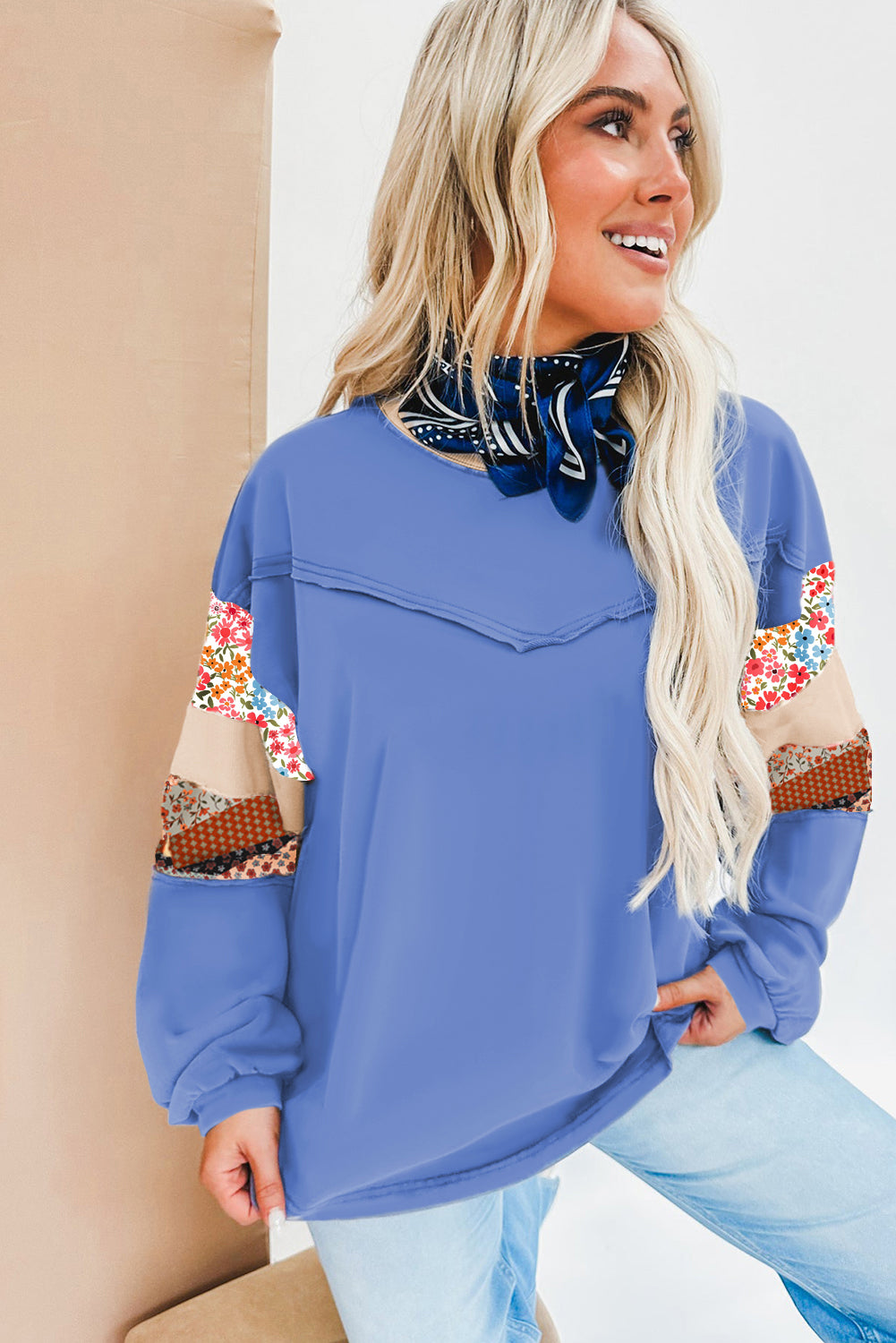 Blue Exposed Seam Floral Mixed Patchwork Plus Size Top