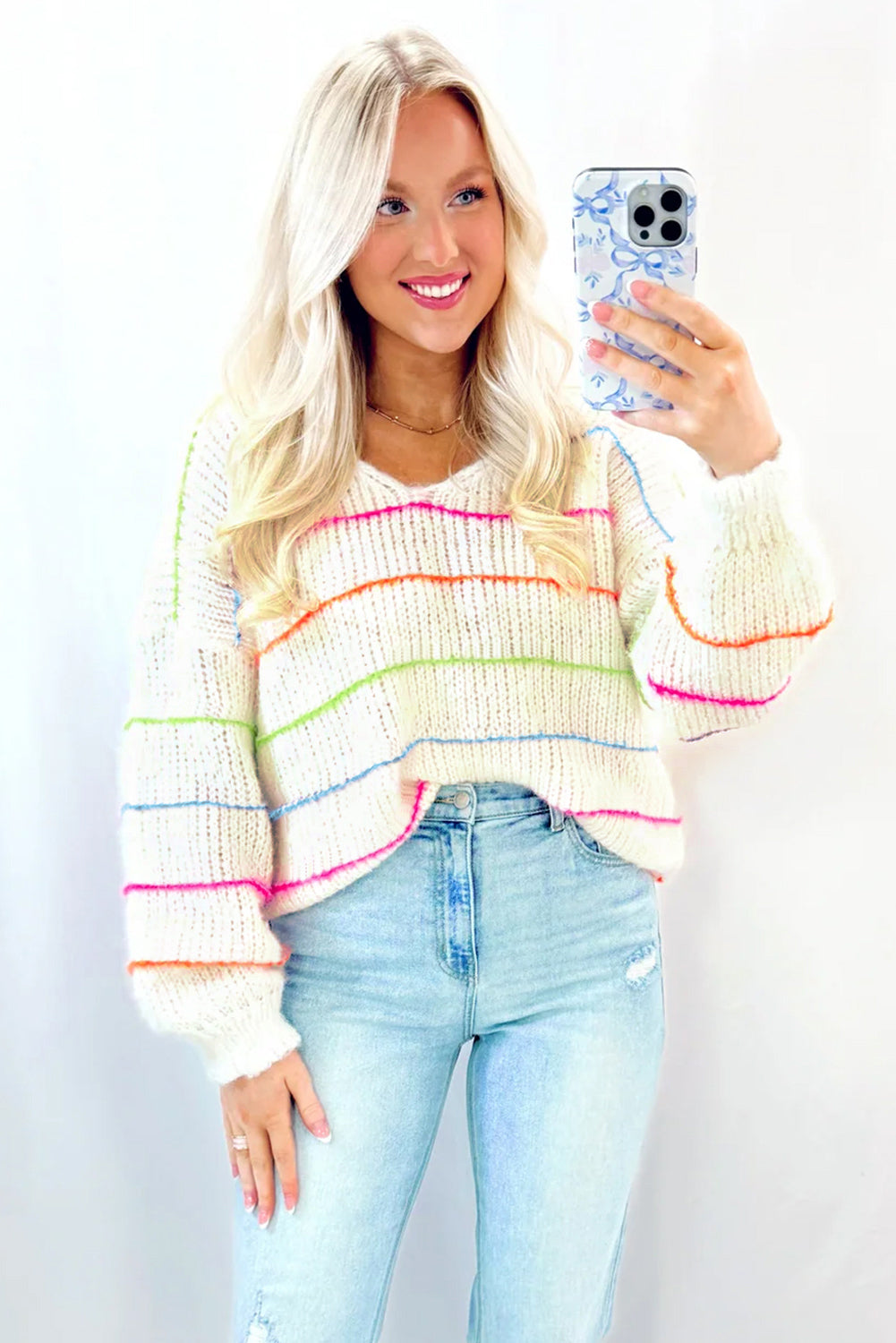 White Striped V Neck Drop Sleeve Sweater