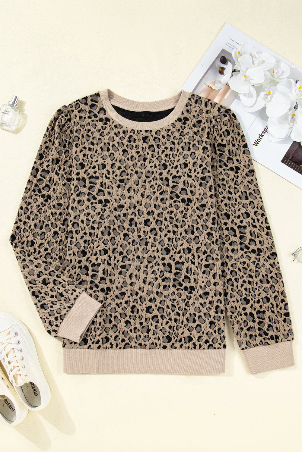 Khaki Leopard Textured Ribbed Trim Plus Size Long Sleeve Top