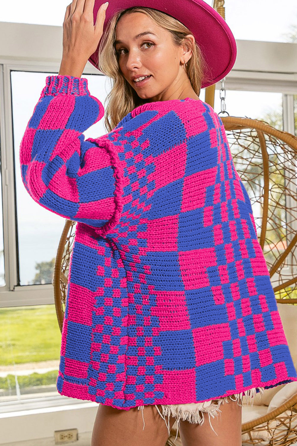 Smoke Gray Colorblock Checked Open Front Knitted Cardigan