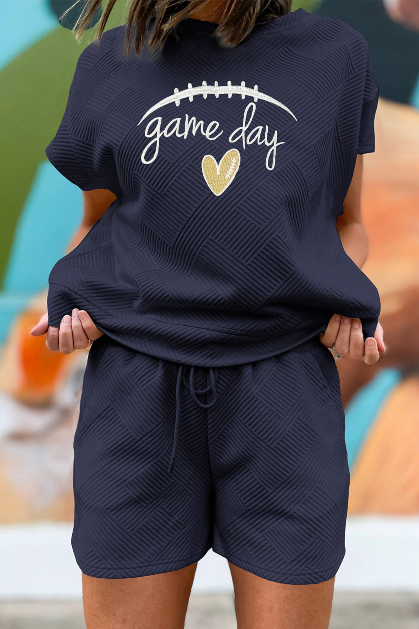 Navy Blue Stylish Textured Game Day Embroidered Two Piece Shorts Set