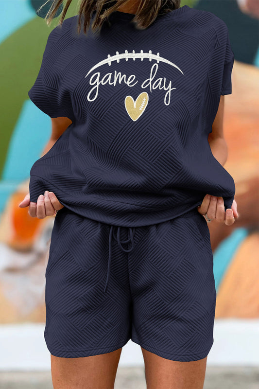 Navy Blue Stylish Textured Game Day Embroidered Two Piece Shorts Set
