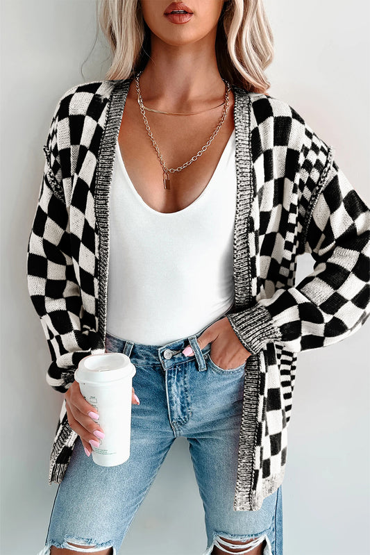 Black Checkered Open Front Drop Shoulder Cardigan