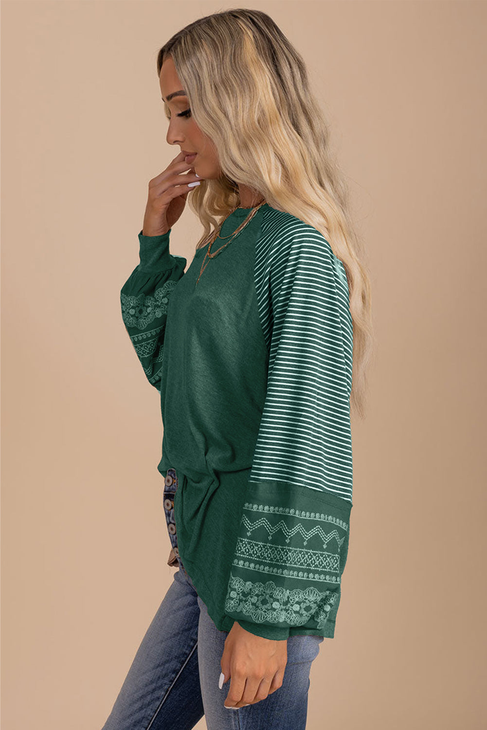 Brown Contrast Print Striped Raglan Long Sleeve Loose Top