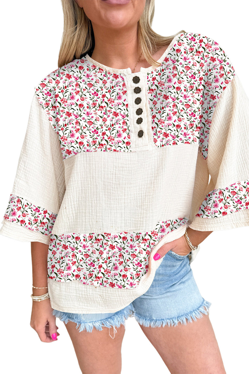 Red Floral Print Crinkle Patchwork Henley Blouse