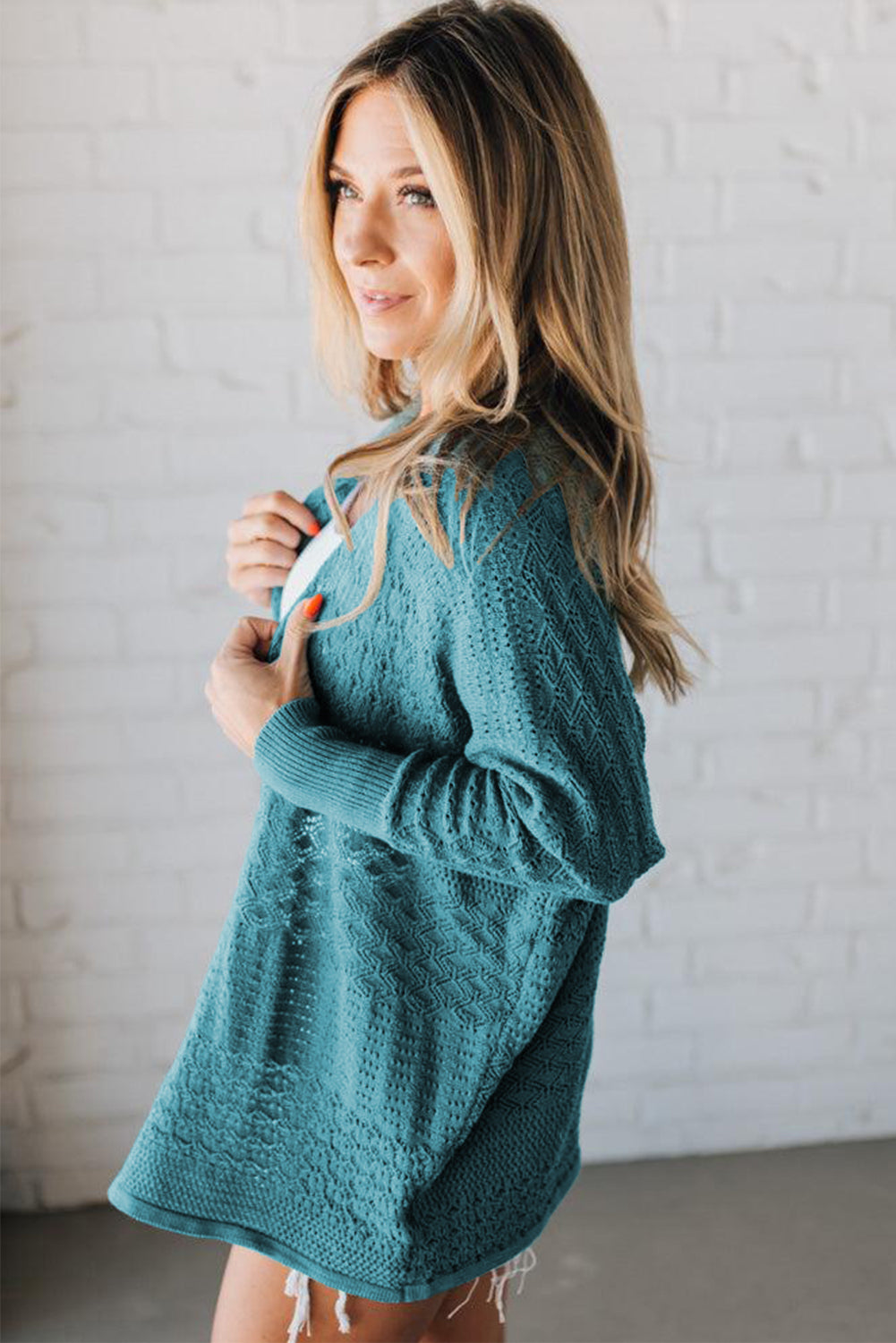 Redwood Burl Mix Pattern Hollow Knit Open Front Cardigan