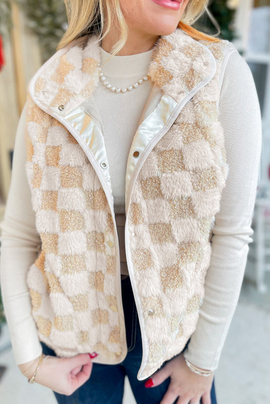 Khaki Sherpa Checkerboard Snap Button Vest Jacket